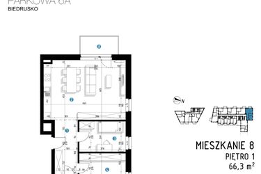 Rzut - Mieszkanie na sprzedaż 3 pokoje o powierzchni 66,3 m² - numer 6A.8 w Parkowa 6AC - ETAP III