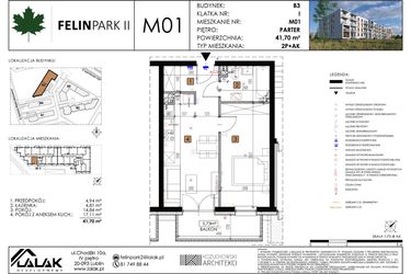 Rzut - Mieszkanie na sprzedaż 2 pokoje o powierzchni 41,7 m² - numer M01 w Felin Park II etap 2