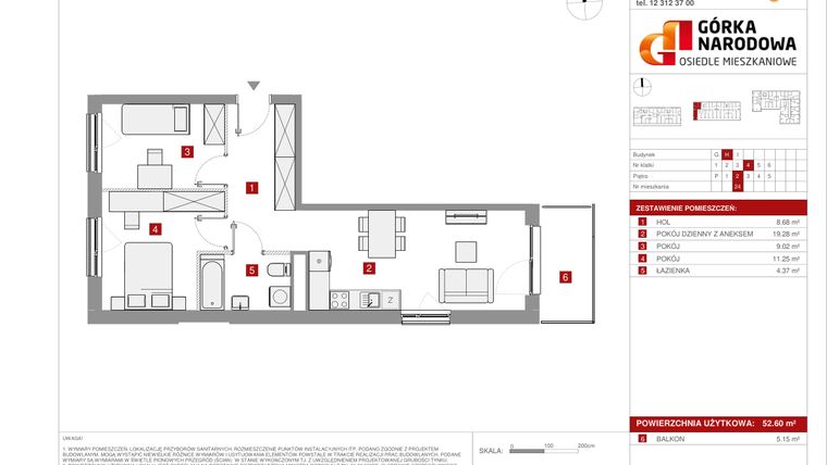 Rzut - Mieszkanie na sprzedaż 3 pokoje o powierzchni 52,6 m² - numer GN_4_1_H_24 w Osiedle Górka Narodowa