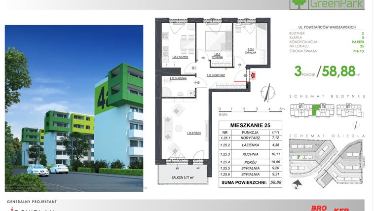 Rzut - Mieszkanie na sprzedaż 3 pokoje o powierzchni 59,14 m² - numer V.B25 w Osiedle Greenpark