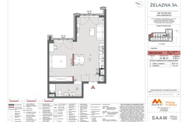 Rzut - Mieszkanie na sprzedaż 1 pokój o powierzchni 41,98 m² - numer A.07.11 w Żelazna 54