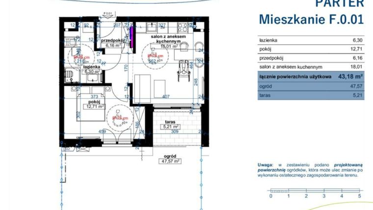Rzut - Mieszkanie na sprzedaż 2 pokoje o powierzchni 43,18 m² - numer F.0.01 w Wzgórze Poetów 2