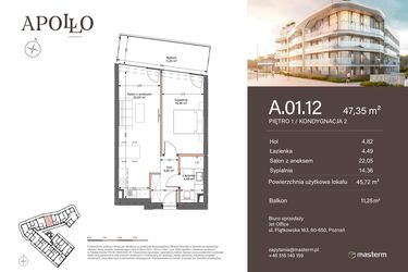 Rzut - Mieszkanie na sprzedaż 2 pokoje o powierzchni 45,72 m² - numer A.1.12 w Apollo Residence