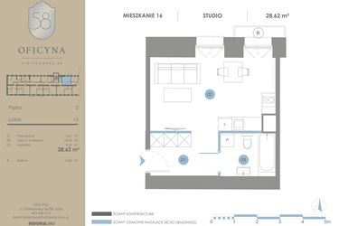 Rzut - Mieszkanie na sprzedaż 1 pokój o powierzchni 28,62 m² - numer 16 w Oficyna - Apart Hotel