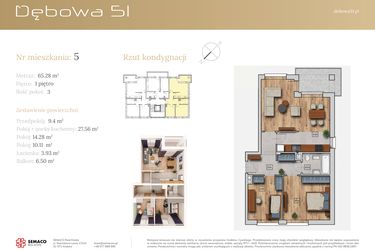 Rzut - Mieszkanie na sprzedaż 3 pokoje o powierzchni 65,28 m² - numer 51C.M5 w Dębowa 51