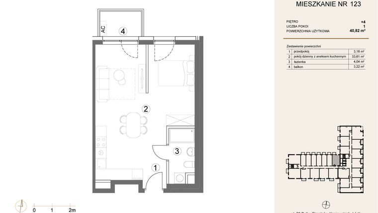 Rzut - Mieszkanie na sprzedaż 1 pokój o powierzchni 40,82 m² - numer 123 w Waterlane Vibe