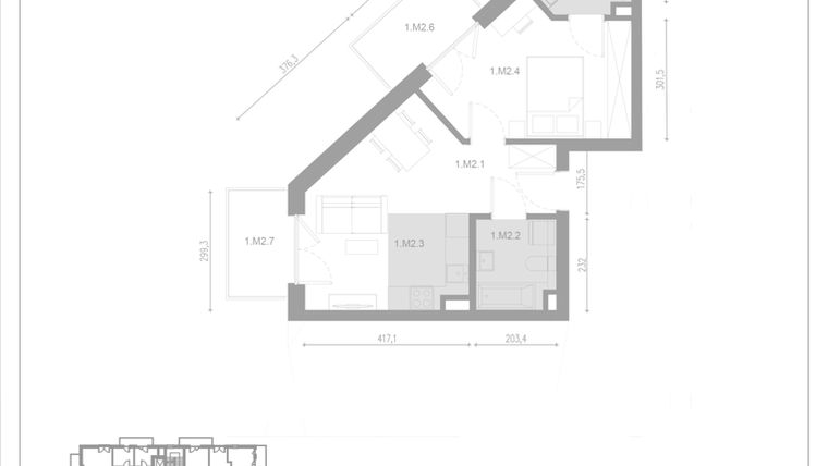 Rzut - Mieszkanie na sprzedaż 2 pokoje o powierzchni 45,22 m² - numer M2 w Apartamenty Casa Sole