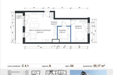 Rzut - Mieszkanie na sprzedaż 2 pokoje o powierzchni 55,17 m² - numer C 4.1 w Nowe Zabłocie