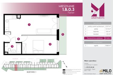 Rzut - Mieszkanie na sprzedaż 2 pokoje o powierzchni 41,68 m² - numer 1.B.0.3 w Maślice Wrocław Milo Dobry Deweloper etap IV