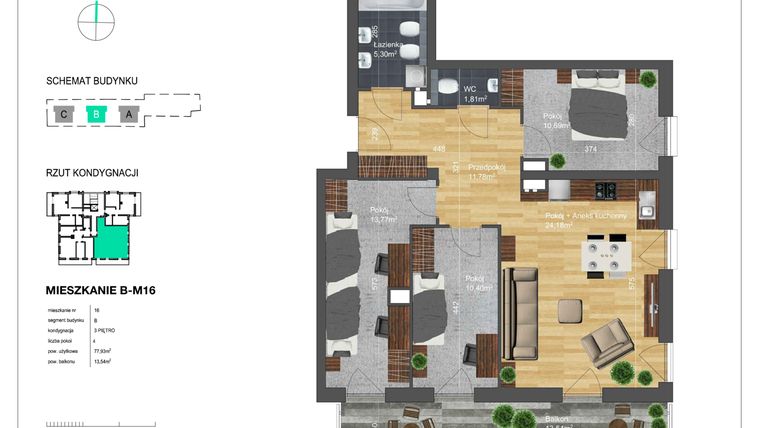 Rzut - Mieszkanie na sprzedaż 4 pokoje o powierzchni 77,93 m² - numer B-M16 w Bunscha Park 4.0