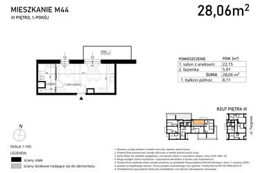 Rzut - Mieszkanie na sprzedaż 1 pokój o powierzchni 28,06 m² - numer M44 w Finezja