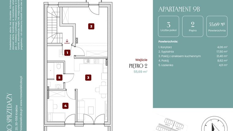 Rzut - Mieszkanie na sprzedaż 3 pokoje o powierzchni 55,69 m² - numer 9B w Nowa Wieliczka