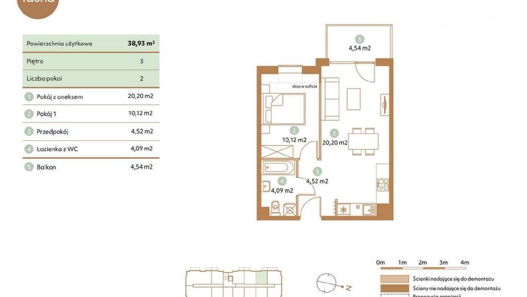 Rzut - Mieszkanie na sprzedaż 2 pokoje o powierzchni 38,93 m² - numer D48-3 w Fauna