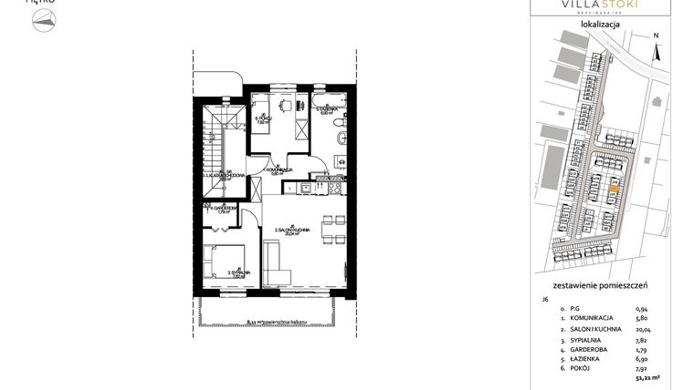 Rzut - Mieszkanie na sprzedaż 3 pokoje o powierzchni 51,21 m² - numer J6 w Villa Stoki (mieszkania)