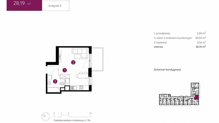 Rzut - Mieszkanie na sprzedaż 1 pokój o powierzchni 28,19 m² - numer 3.A.5.01 w Murapol Urcity