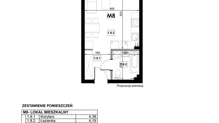 Rzut - Mieszkanie na sprzedaż 1 pokój o powierzchni 29,68 m² - numer M8 w Miejska Premium II