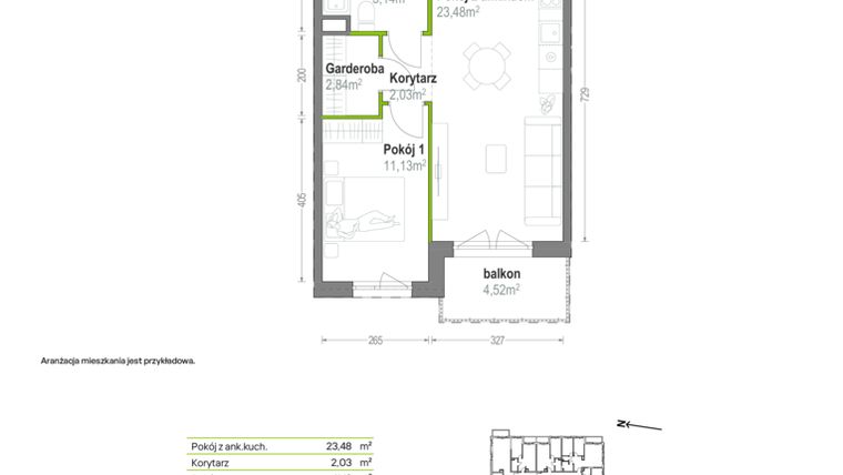 Rzut - Mieszkanie na sprzedaż 2 pokoje o powierzchni 44,62 m² - numer B.A.1.05 w Głębocka Vita