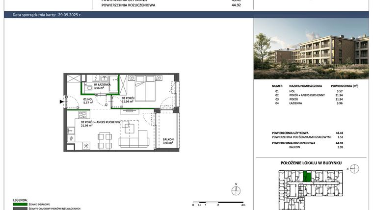 Rzut - Mieszkanie na sprzedaż 2 pokoje o powierzchni 43,41 m² - numer B-20 w Hillence etap 2