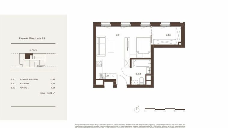 Rzut - Mieszkanie na sprzedaż 1 pokój o powierzchni 33,12 m² - numer 6.8 w Piwna 21