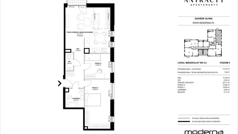 Rzut - Mieszkanie na sprzedaż 3 pokoje o powierzchni 72,62 m² - numer 41 w Antracyt