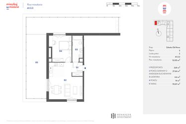 Rzut - Mieszkanie na sprzedaż 2 pokoje o powierzchni 52,05 m² - numer A1.3.3 w Mieszkaj w mieście Załęska od Nowa