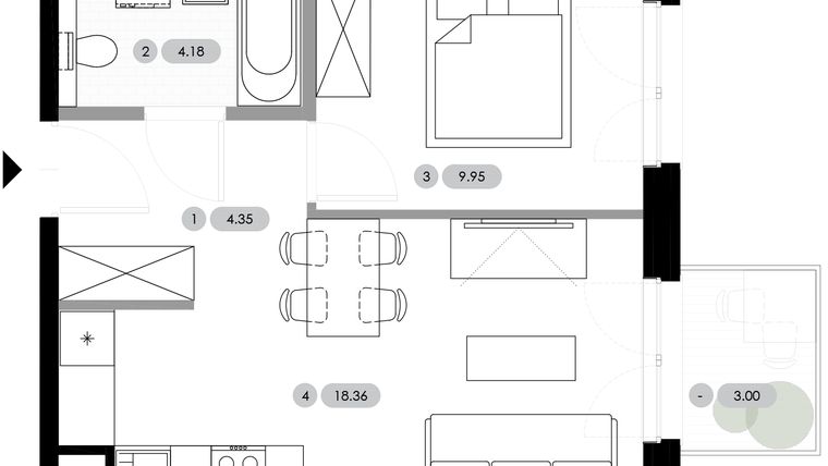 Rzut - Mieszkanie na sprzedaż 2 pokoje o powierzchni 36,84 m² - numer A.1.M6 w Nowe Radwanice