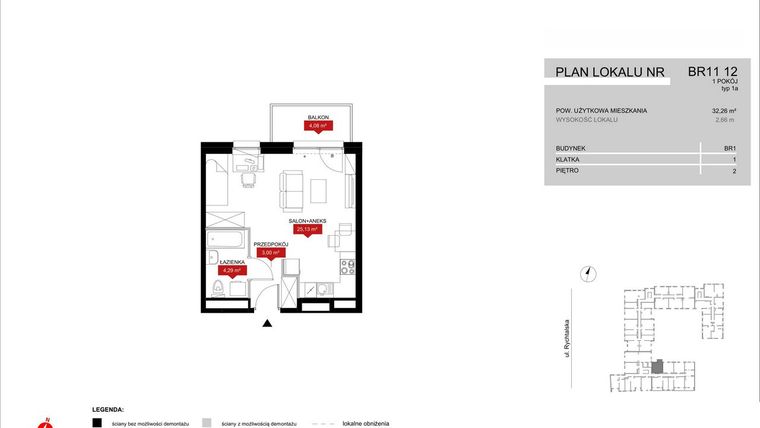Rzut - Mieszkanie na sprzedaż 1 pokój o powierzchni 32,42 m² - numer BR11/12 w Browary Wrocławskie 2