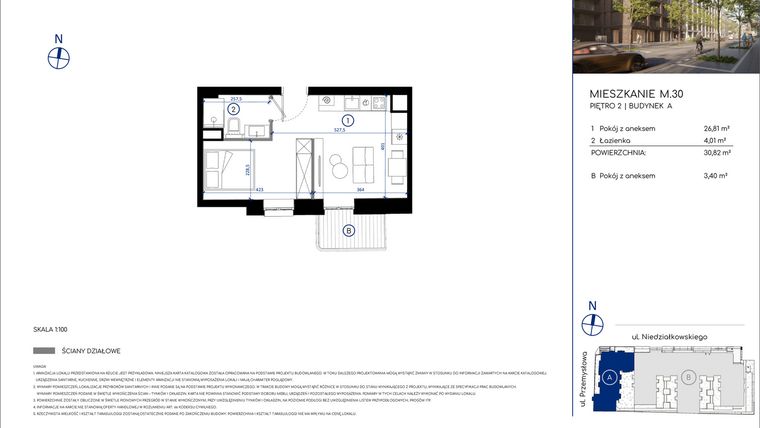Rzut - Mieszkanie na sprzedaż 1 pokój o powierzchni 34,22 m² - numer M.30 w Niedziałkowskiego Park