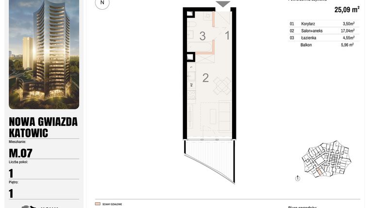 Rzut - Mieszkanie na sprzedaż 1 pokój o powierzchni 25,09 m² - numer M.07 w Nowa Gwiazda