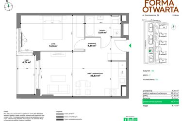 Rzut - Mieszkanie na sprzedaż 2 pokoje o powierzchni 48,39 m² - numer B1-20 w Forma Otwarta etap II