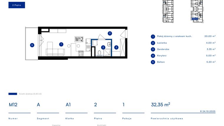 Rzut - Mieszkanie na sprzedaż 1 pokój o powierzchni 32,35 m² - numer 12A w Przy Bursztynowej