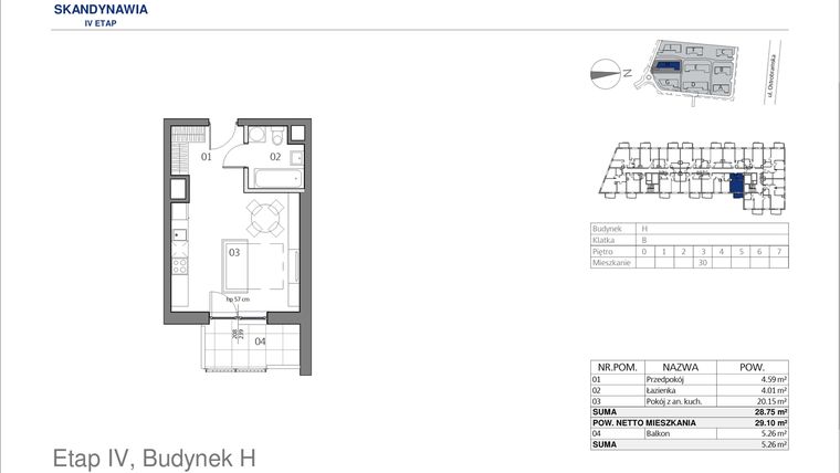 Rzut - Mieszkanie na sprzedaż 1 pokój o powierzchni 28,75 m² - numer HB0330 w Park Skandynawia V