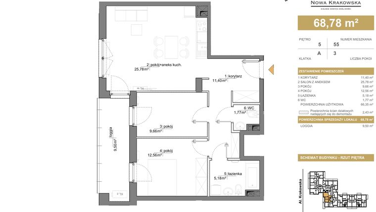 Rzut - Mieszkanie na sprzedaż 3 pokoje o powierzchni 68,78 m² - numer A.5.55 w Nowa Krakowska