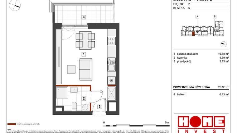 Rzut - Mieszkanie na sprzedaż 1 pokój o powierzchni 26,9 m² - numer A-A021 w Warszawski Świt etap VII