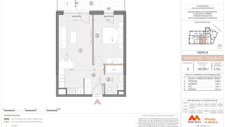 Rzut - Mieszkanie na sprzedaż 2 pokoje o powierzchni 43,3 m² - numer F2.B.08.03 w Bukowińska Mokotów etap 2