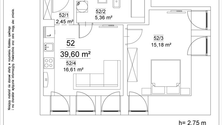 Rzut - Mieszkanie na sprzedaż 2 pokoje o powierzchni 39,6 m² - numer 52 w Osiedle Teatralne 19 - apartamenty inwestycyjne