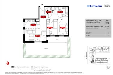 Rzut - Mieszkanie na sprzedaż 3 pokoje o powierzchni 65,32 m² - numer L2.97 w Wieża Jeżyce etap VI