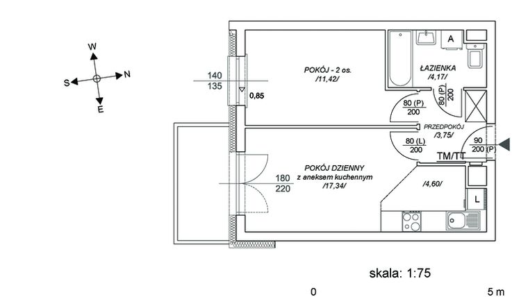 Rzut - Mieszkanie na sprzedaż 2 pokoje o powierzchni 36,68 m² - numer M45 w Osiedle Mała Dziesiąta etap II