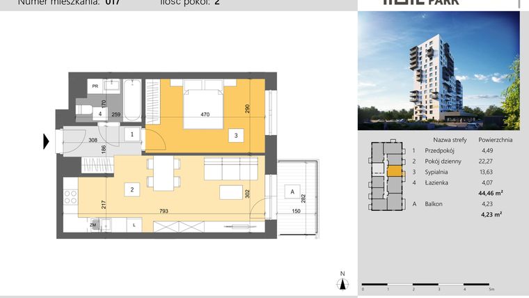 Rzut - Mieszkanie na sprzedaż 2 pokoje o powierzchni 44,46 m² - numer 17 w Dworzysko Park - Etap III