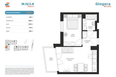 Rzut - Mieszkanie na sprzedaż 2 pokoje o powierzchni 36,93 m² - numer M IV.1.4 w Glogera Bricks