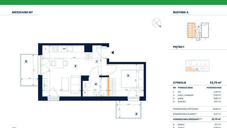 Rzut - Mieszkanie na sprzedaż 2 pokoje o powierzchni 33,75 m² - numer M07 w Reneta