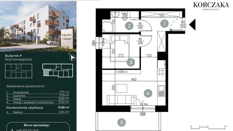 Rzut - Mieszkanie na sprzedaż 2 pokoje o powierzchni 31,58 m² - numer P.III.07 w Korczaka Apartamenty