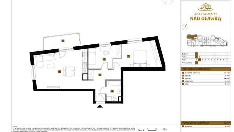 Rzut - Mieszkanie na sprzedaż 3 pokoje o powierzchni 63,65 m² - numer 7 w Apartamenty nad Oławką