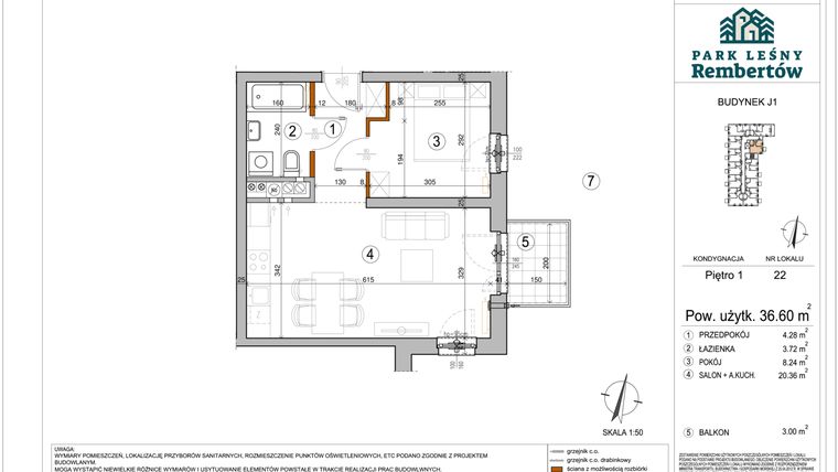 Rzut - Mieszkanie na sprzedaż 2 pokoje o powierzchni 36,6 m² - numer J1-22 w Park Leśny Rembertów etap VIII