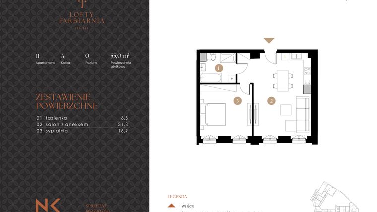Rzut - Mieszkanie na sprzedaż 2 pokoje o powierzchni 55 m² - numer 11 w Lofty Farbiarnia