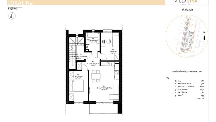 Rzut - Mieszkanie na sprzedaż 3 pokoje o powierzchni 53,92 m² - numer N4 w Villa Stoki (mieszkania)