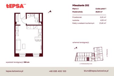Rzut - Mieszkanie na sprzedaż 1 pokój o powierzchni 28,6 m² - numer M202 w Tepsa Kato