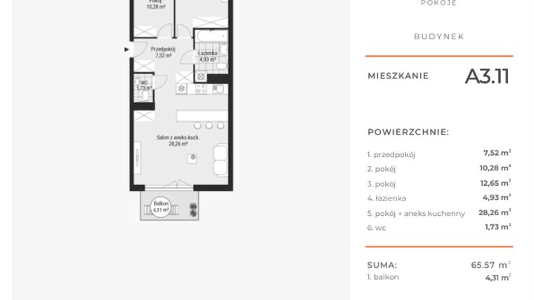 Rzut - Mieszkanie na sprzedaż 3 pokoje o powierzchni 65,49 m² - numer A3.11 w Enklawa Bukowa