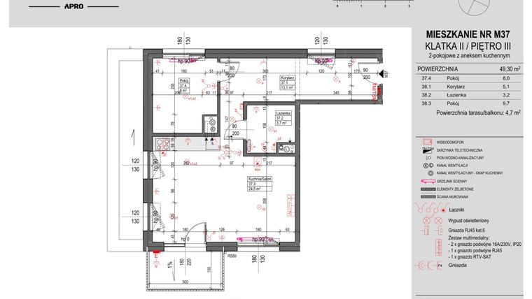 Rzut - Mieszkanie na sprzedaż 2 pokoje o powierzchni 49,3 m² - numer M37 w Antczaka 46