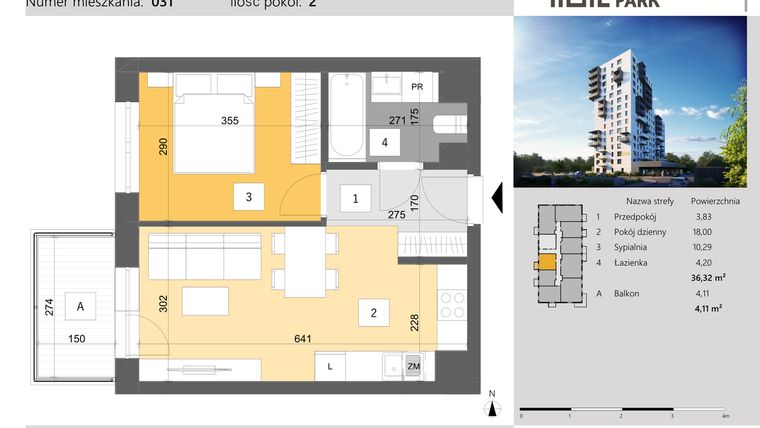 Rzut - Mieszkanie na sprzedaż 2 pokoje o powierzchni 36,32 m² - numer 31 w Dworzysko Park - Etap III